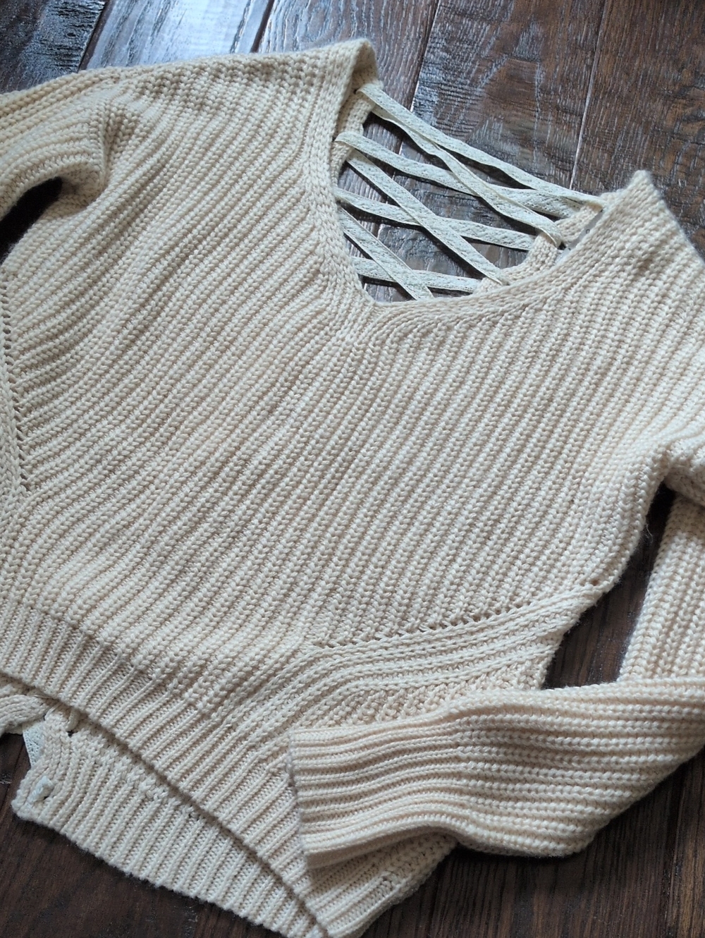 AMERICAN RAG I Ivory Cream Soft Knit Lace Crisscross Back V-Neck Sweater, S